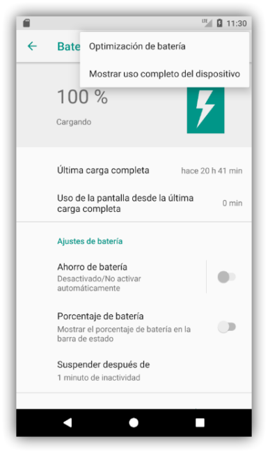 Menú opciones batería Android 8.0 Oreo