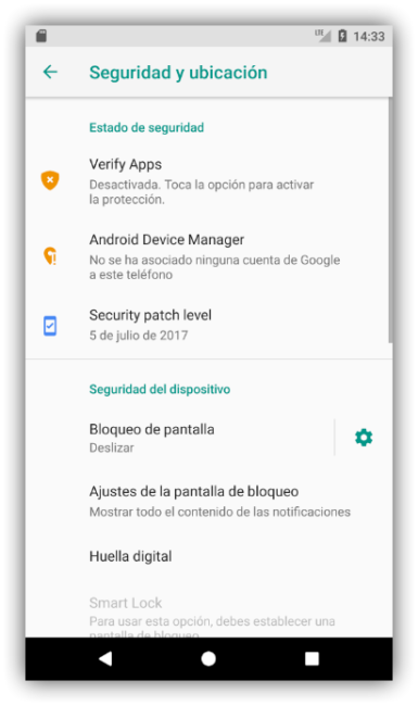 Ajustes de Seguridad y Ubicación Android 8.0 Oreo