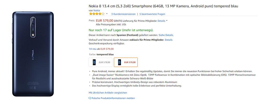 Proceso para comprar el Nokia 8 en Amazon