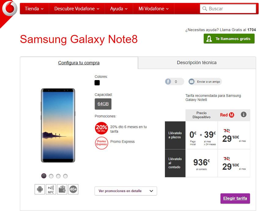 Precio del Samsung Galaxy Note 8 con Vodafone
