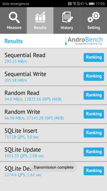 Resultado androbench del Honor 9