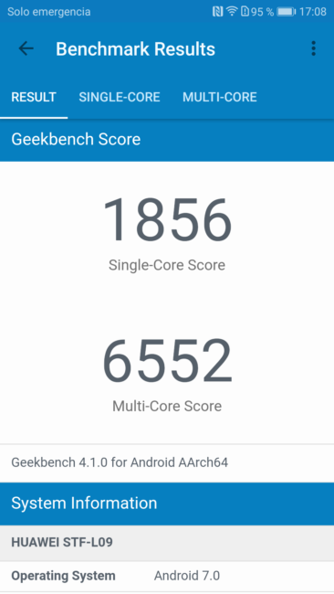 Resutado del Honor 9 en Geekbench