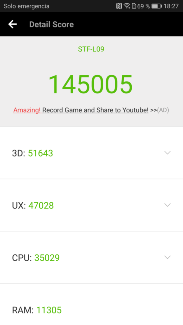 Resultado del Honor 9 en AnTuTu