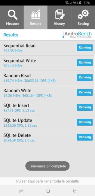 Resultado Androbench del Samsung Galaxy Note 8