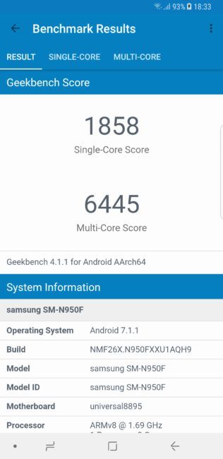 Resultado Geekbench del Samsung Galaxy Note 8