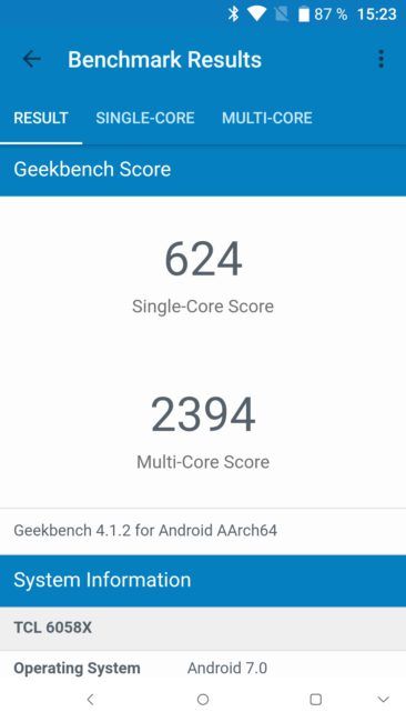 Resutado en Geekbench del Alcatel Idol 5