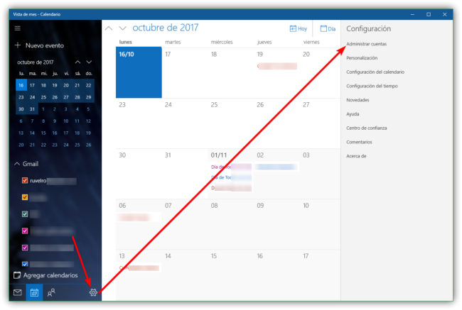 Calendario Windows 10 - Agregar cuenta