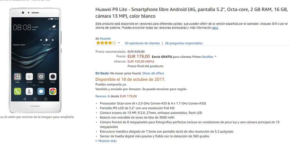 Precio del Huawei P9 Lite en Amazon