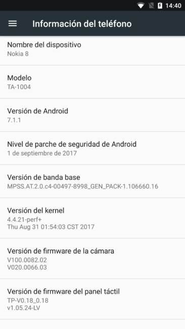 Sistema información del Nokia 8