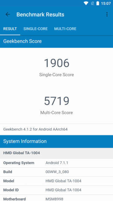Resultado en Geekbench con el Nokia 8