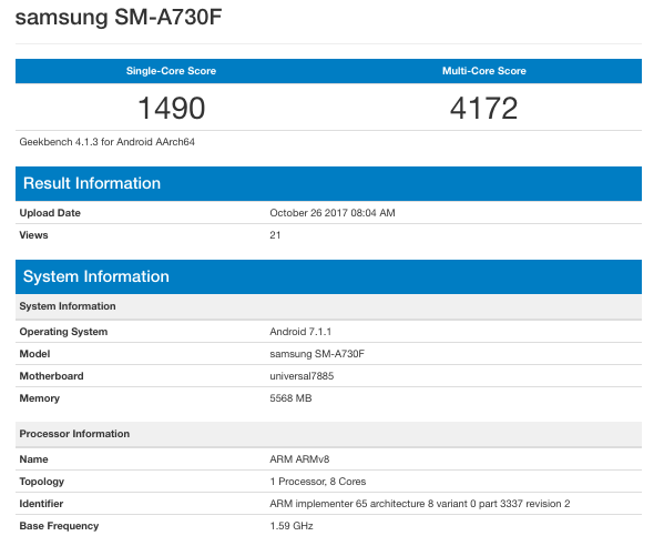 geekbench samsung galaxy a7 2018
