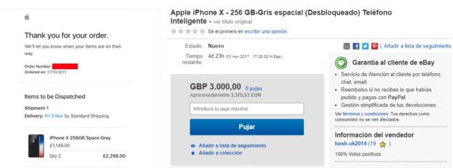Captura de Ebay para comprar iPhone X