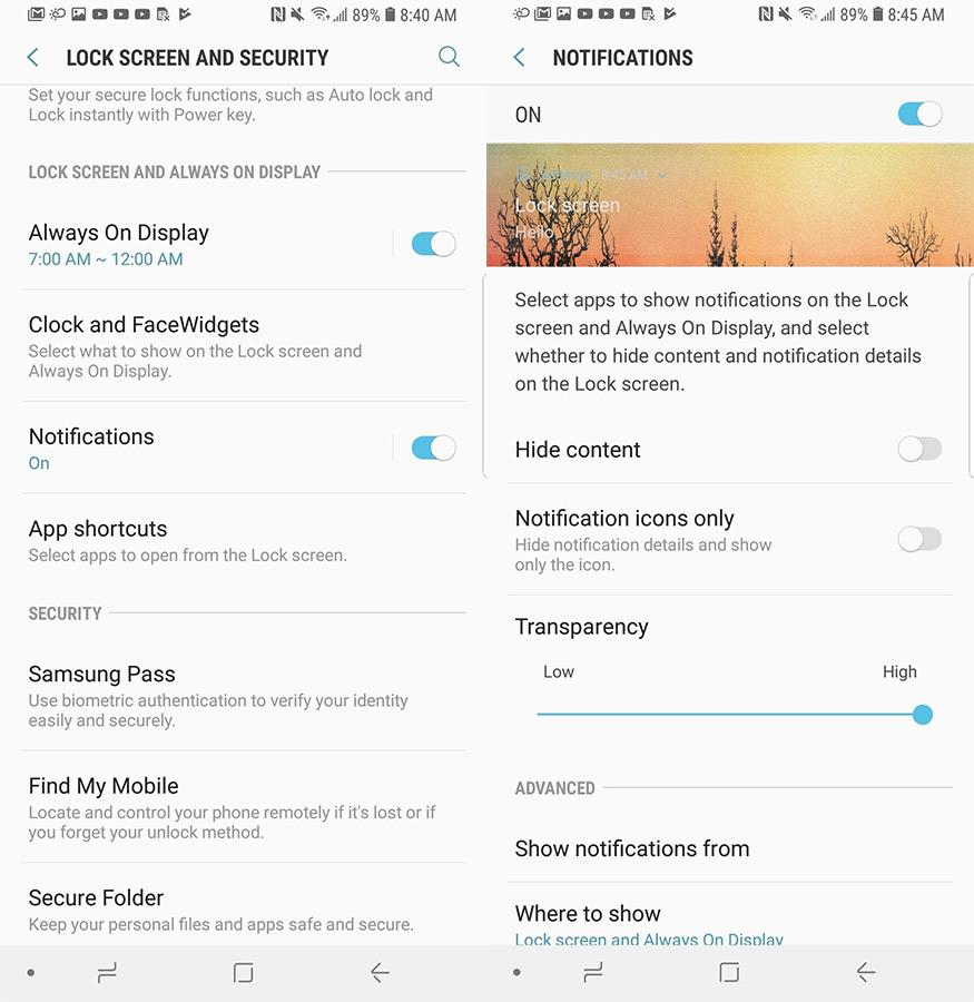 Apartado de ajustes de notificaciones en el Galaxy S8 con Android Oreo