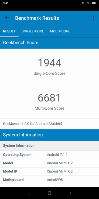 Resultado Geekbench del Xiaomi Mi Mix 2