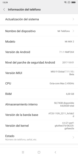 Sistema del Xiaomi Mi Mix 2