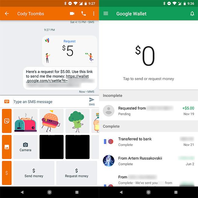 Interfaz de Mensajes Android con la función enviar dinero