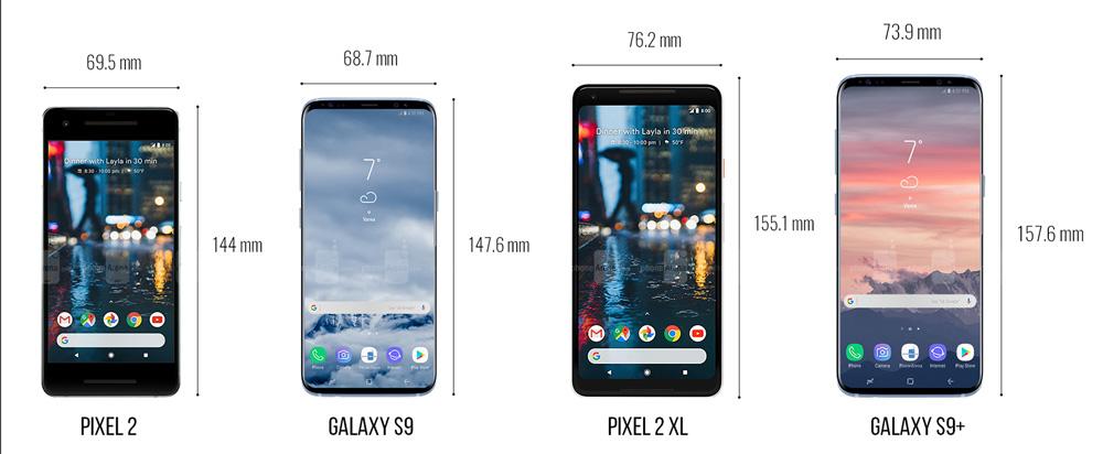 Comparativa de tamaño de los Galaxy S9 frente a los Google Pixel 2 y Google Pixel 2 XL