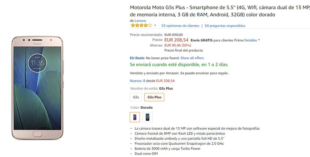 Precio del Motorola Moto G5s Plus en Amazon