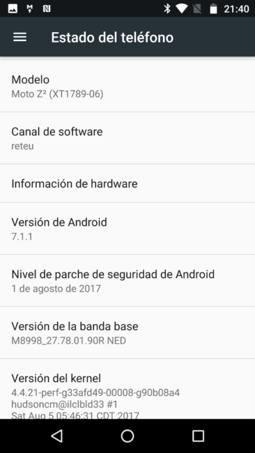 Información del sisteme Moto Z2 Play