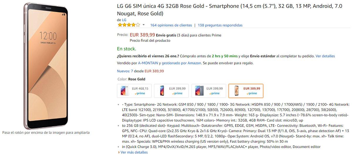 Opción de compra del LG G6 en Amazon a su precio más bajo