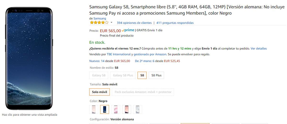 Proceso de compra del Samsung Galaxy S8 en Amazon