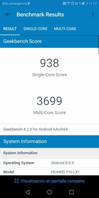 Resultados Geekbench del Huawei P smart