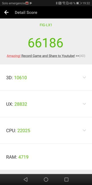 Resultado en AnTUtu del Huawei P smart
