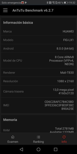 Datos en AnTutu del Huawei P smart