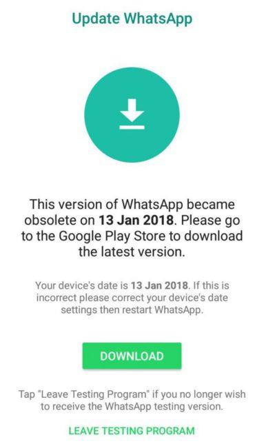 Erro de WhatsApp 13 de enero