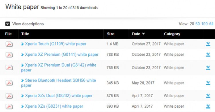 Apariencia de la sección Xperia White Papers de Sony