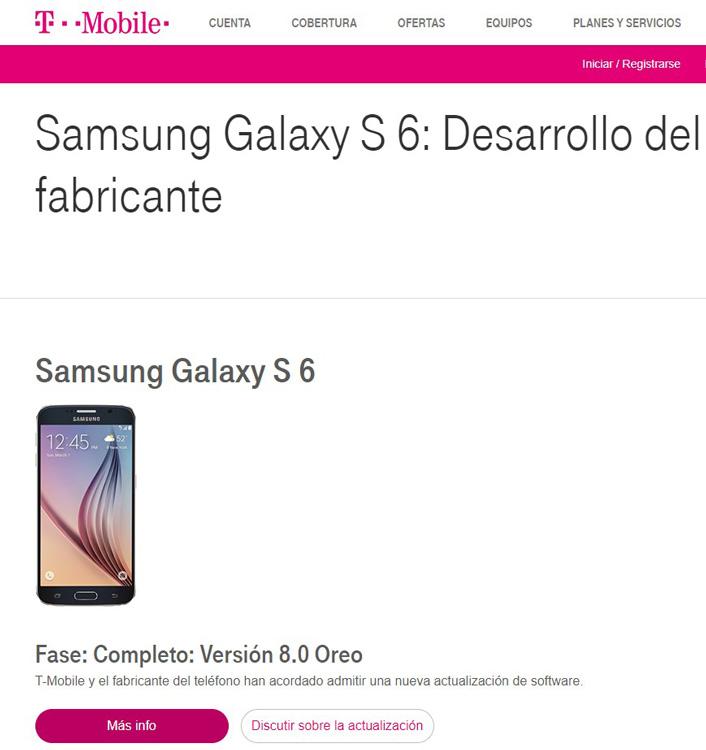 Confirmación de la actualización del Galaxy S6 con Android 8 Oreo