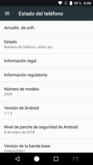 Datos de sisteme del ZTE Axon M