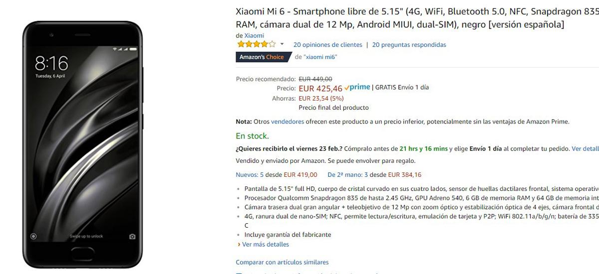 Precio en oferta del Xiaomi Mi 6 en Amazon