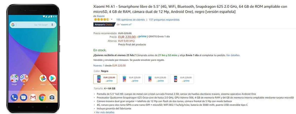 Rebaja de precio del Xiaomi Mi A1 en Amazon