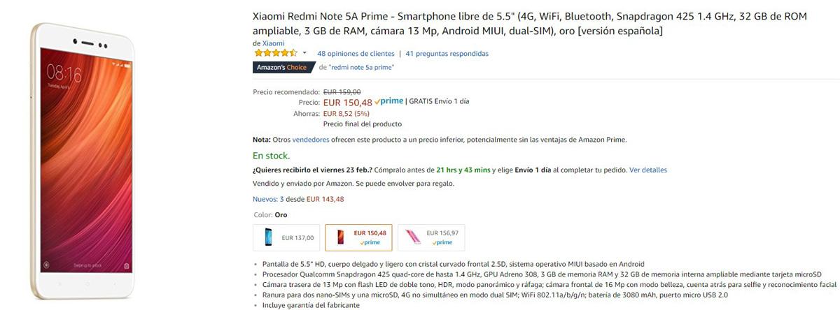 Xiaomi Redmi Note 5A Prime en oferta a través de Amazon