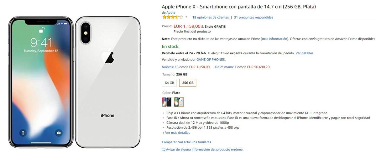 Precio del iPhone X de 256 GB en Amazon
