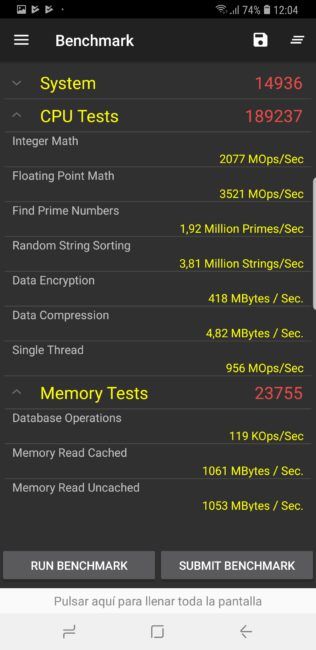 Resultado aida del Samsung Galaxy S9+