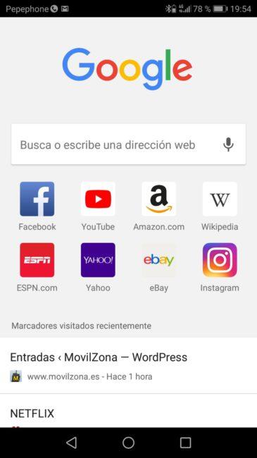 Interfaz de Chrome beta 66 para Android