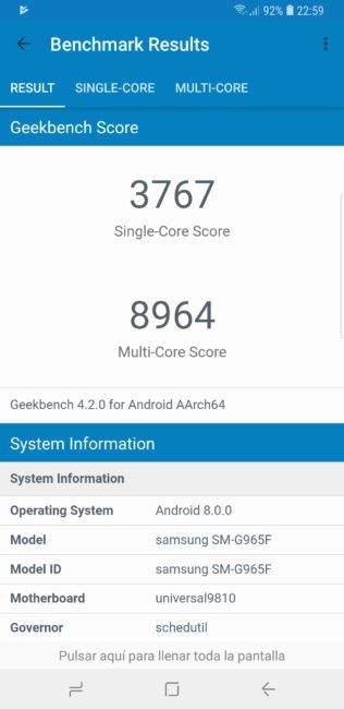 Resultado Geekbench del Samsung Galaxy S9+