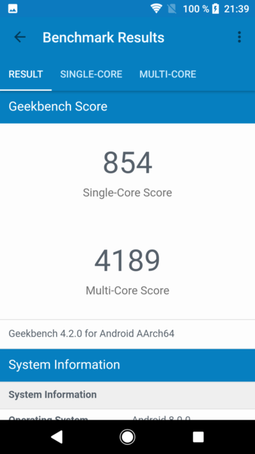 Resultado en Geekbench Sony Xperia XA2
