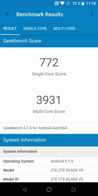 Resultado en Geekbench del ZTE Blade V9
