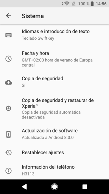 Información del sistema en el Sony Xperia XA2