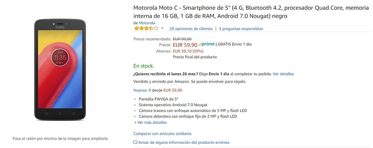 Precio del Motorola Moto C en Amazon
