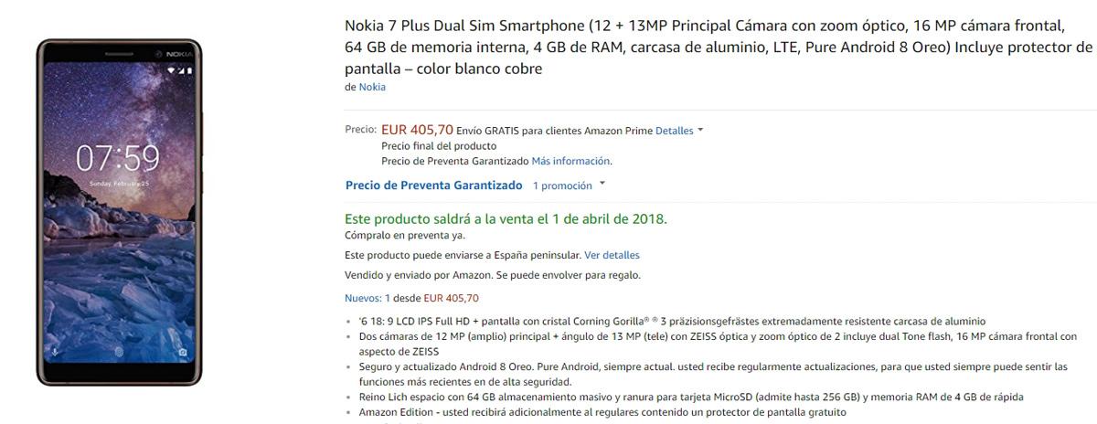 Precio del Nokia 7 Plus en Amazon