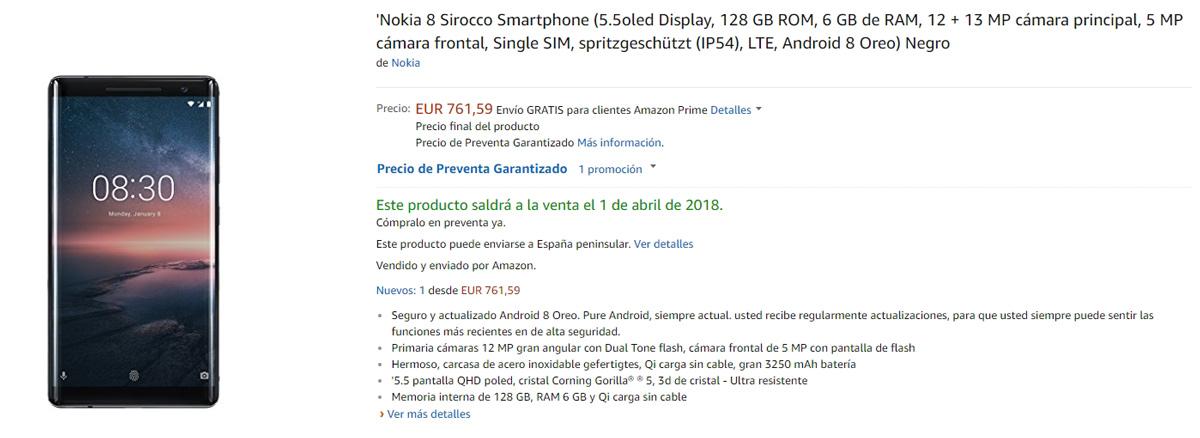 Precio del Nokia 8 Sirocco en Amazon