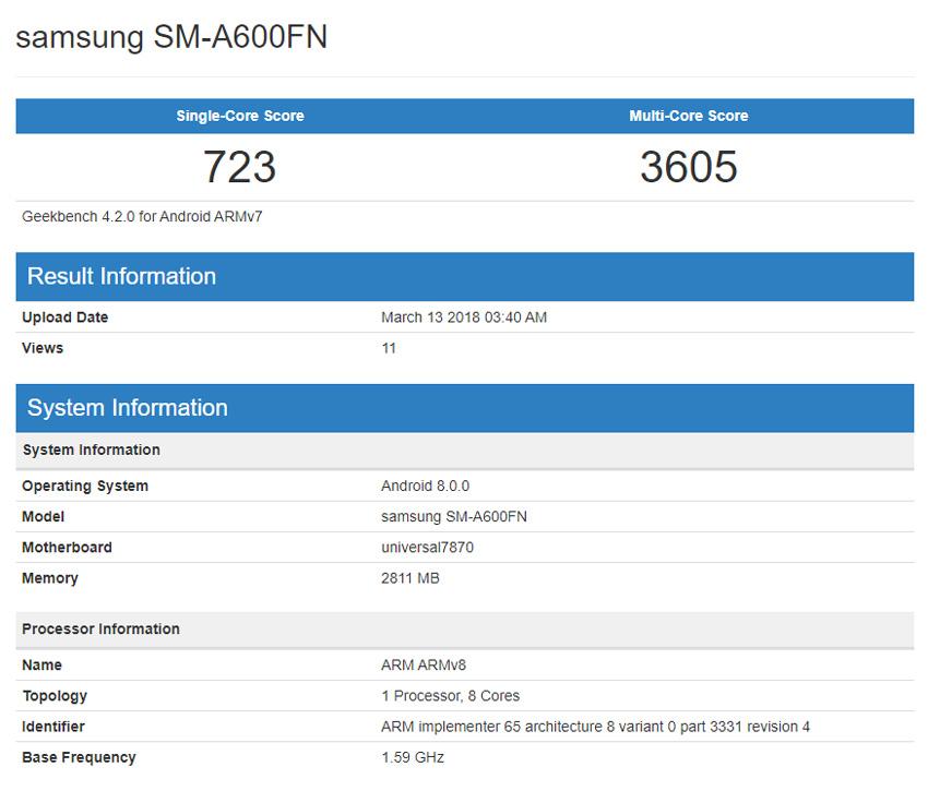 Características del Samsung Galaxy A6 detectadas en Geekbench