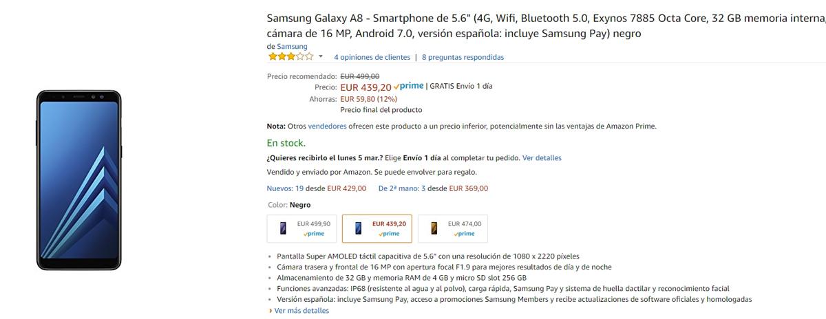Precio del Samsung Galaxy A8 en Amazon con descuento