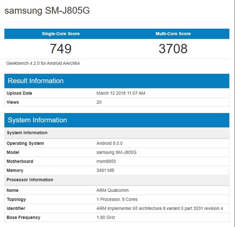 Características del Samsung Galaxy J8 Plus listadas en GeekBench