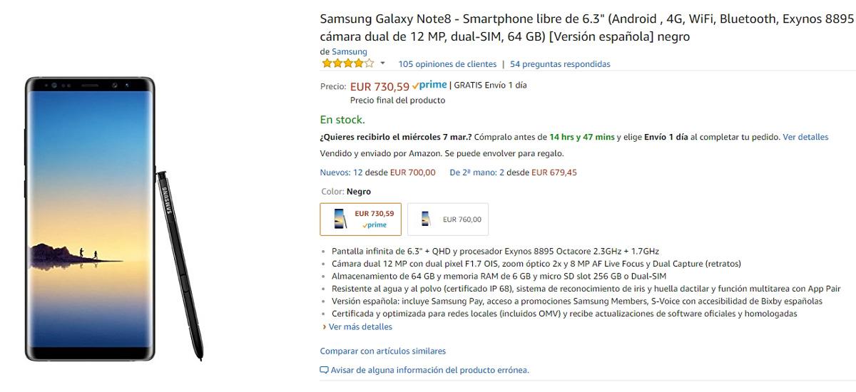 Compra del Samsung Galaxy Note 8 en Amazon a un precio de 730 euros
