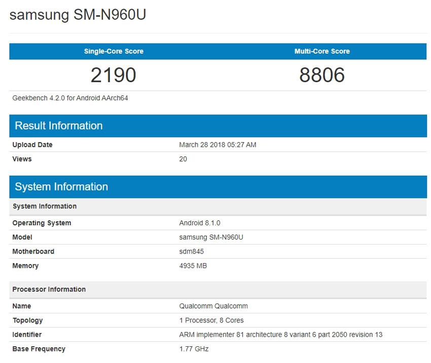 Características del Samsung Galaxy Note 9 en GeekBench